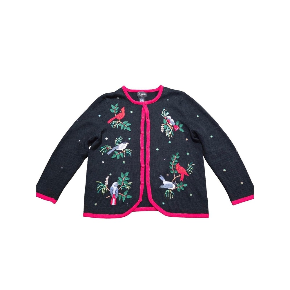 Studio Joy Vintage Embroidered Bird Cardigan Sweater Black & Red Size Medium